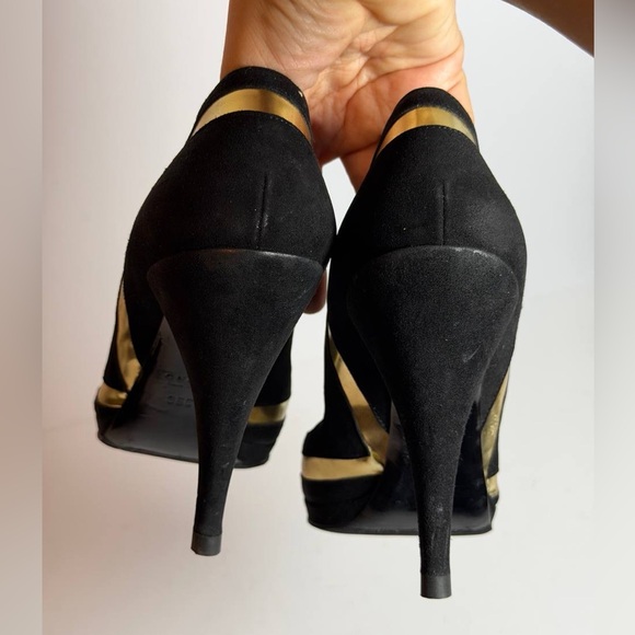 Gucci Black Suede Heels w Gold Metallic Inlay Size 36 - Picture 7 of 13